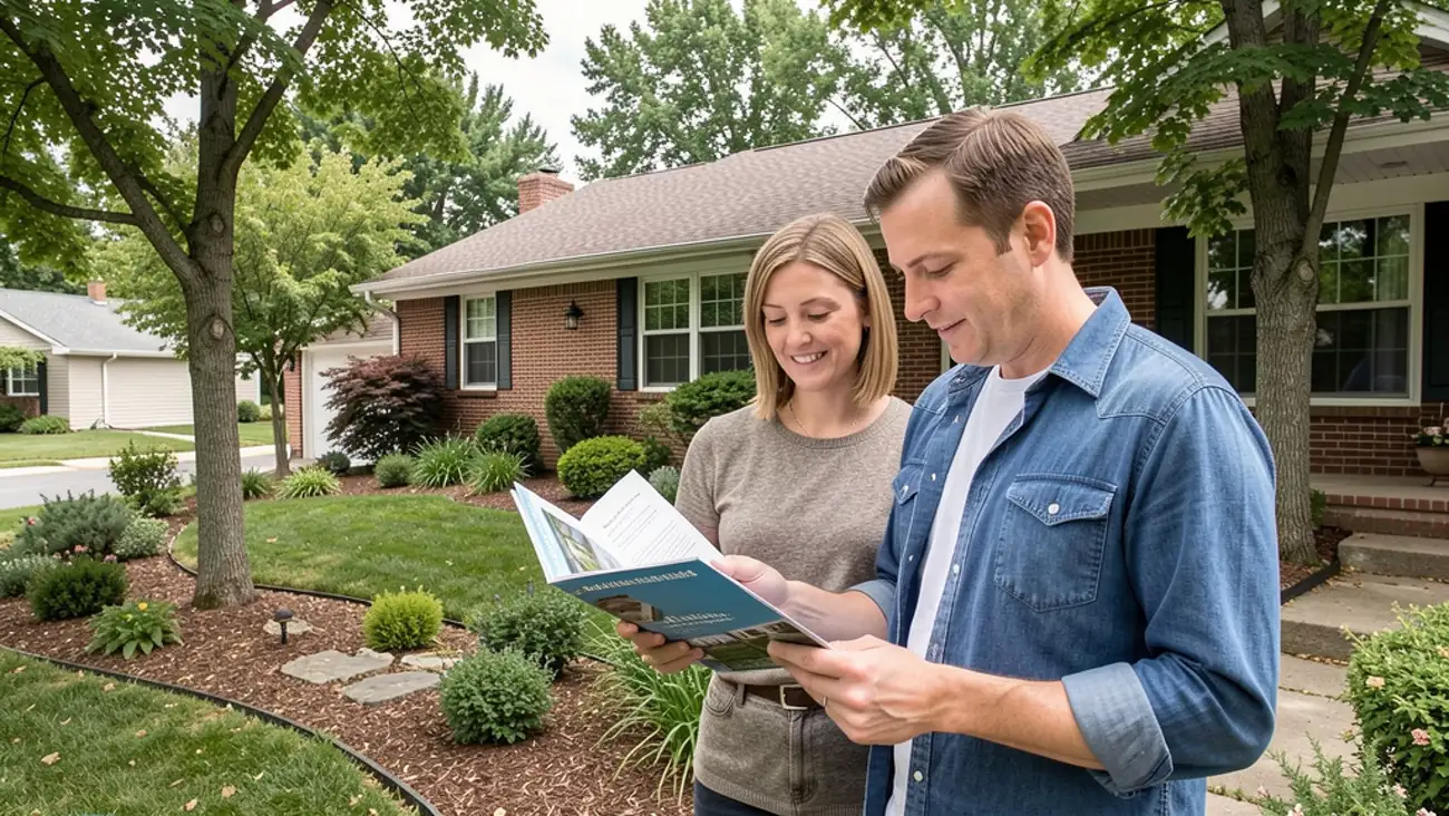 Prospective buyers reviewing a home tour plan outside a Clive-area suburban house