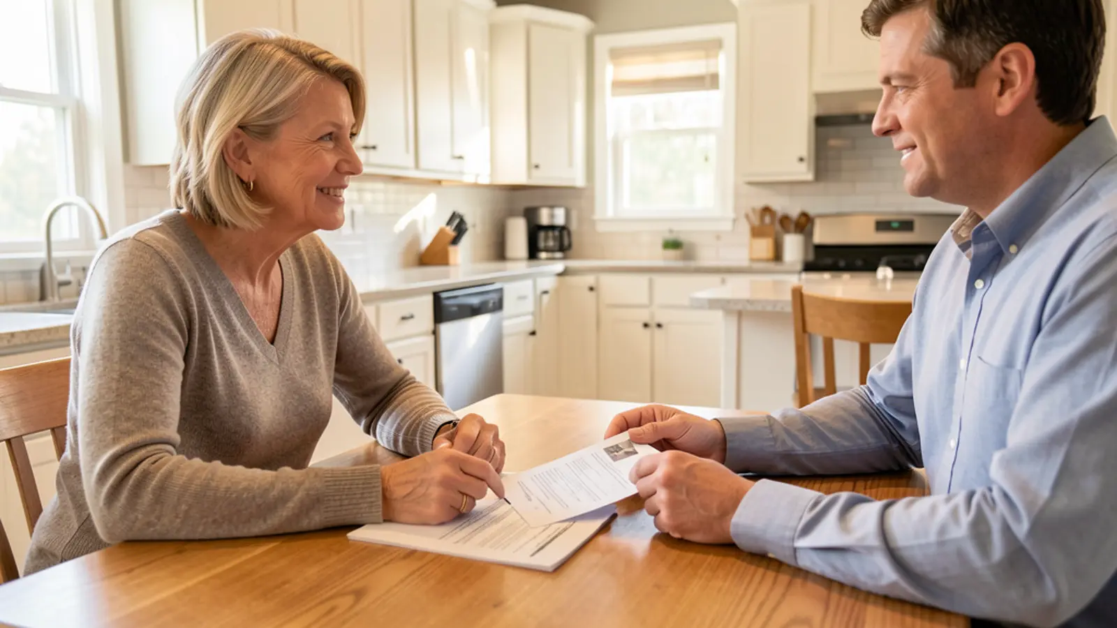 Homeowners speaking with a real-estate professional at a bright table in a suburban home